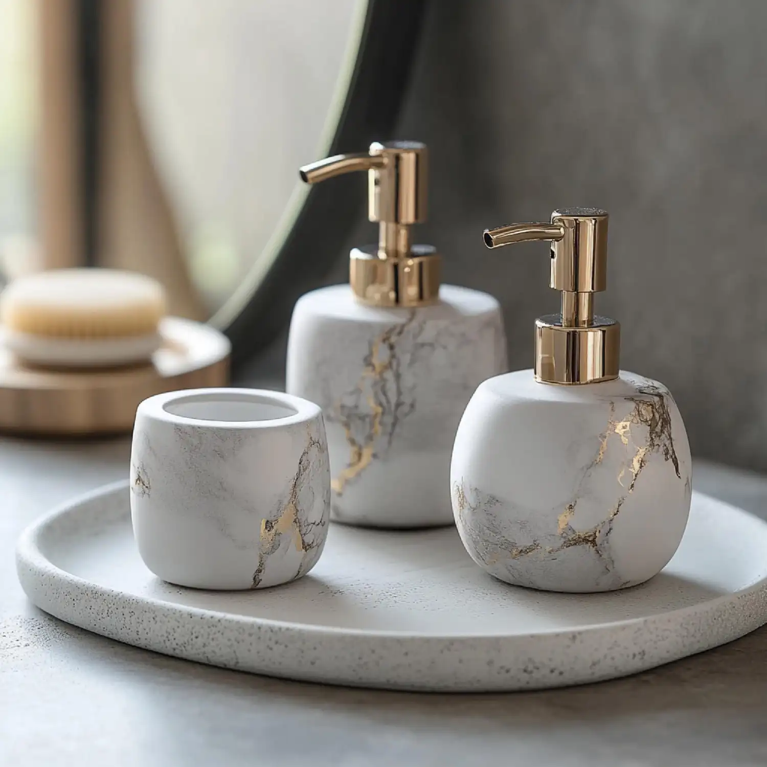 Marble slab tray holding face wash, moisturizer, and a toothbrush cup on a stone vanity