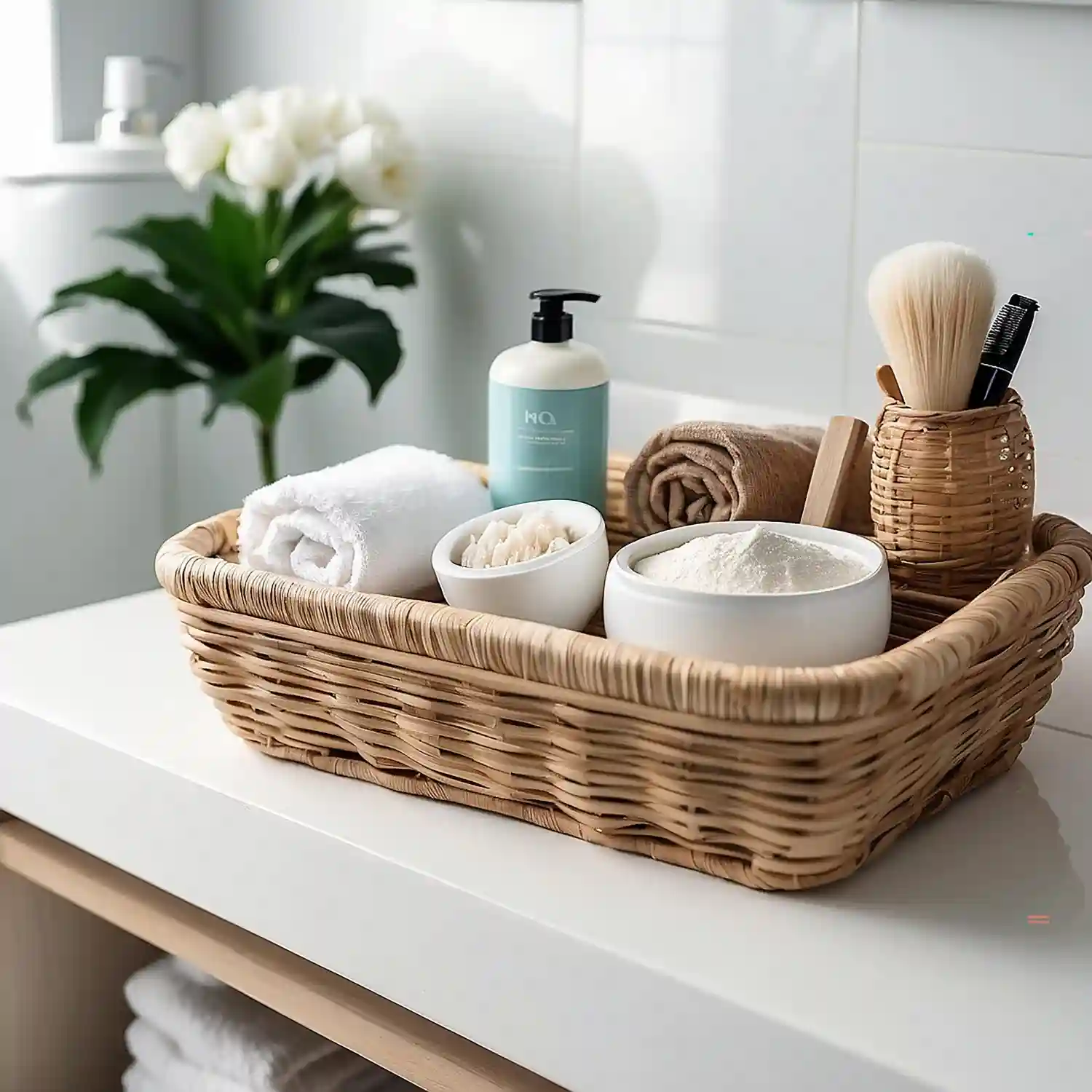 Five daily bath essentials lined up on a small tray with the rest of the counter left clear