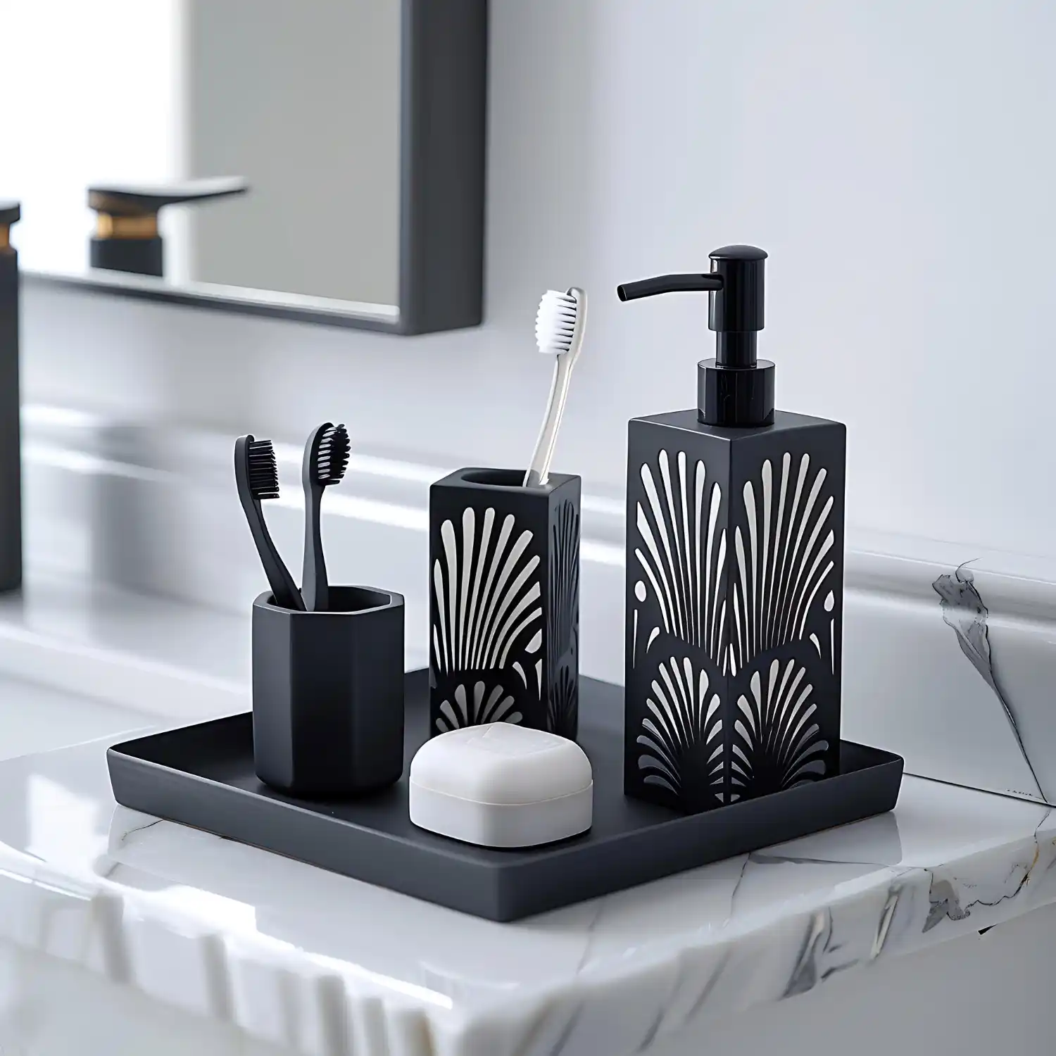 Clear glass canisters with wood lids holding cotton balls and swabs on a bathroom vanity