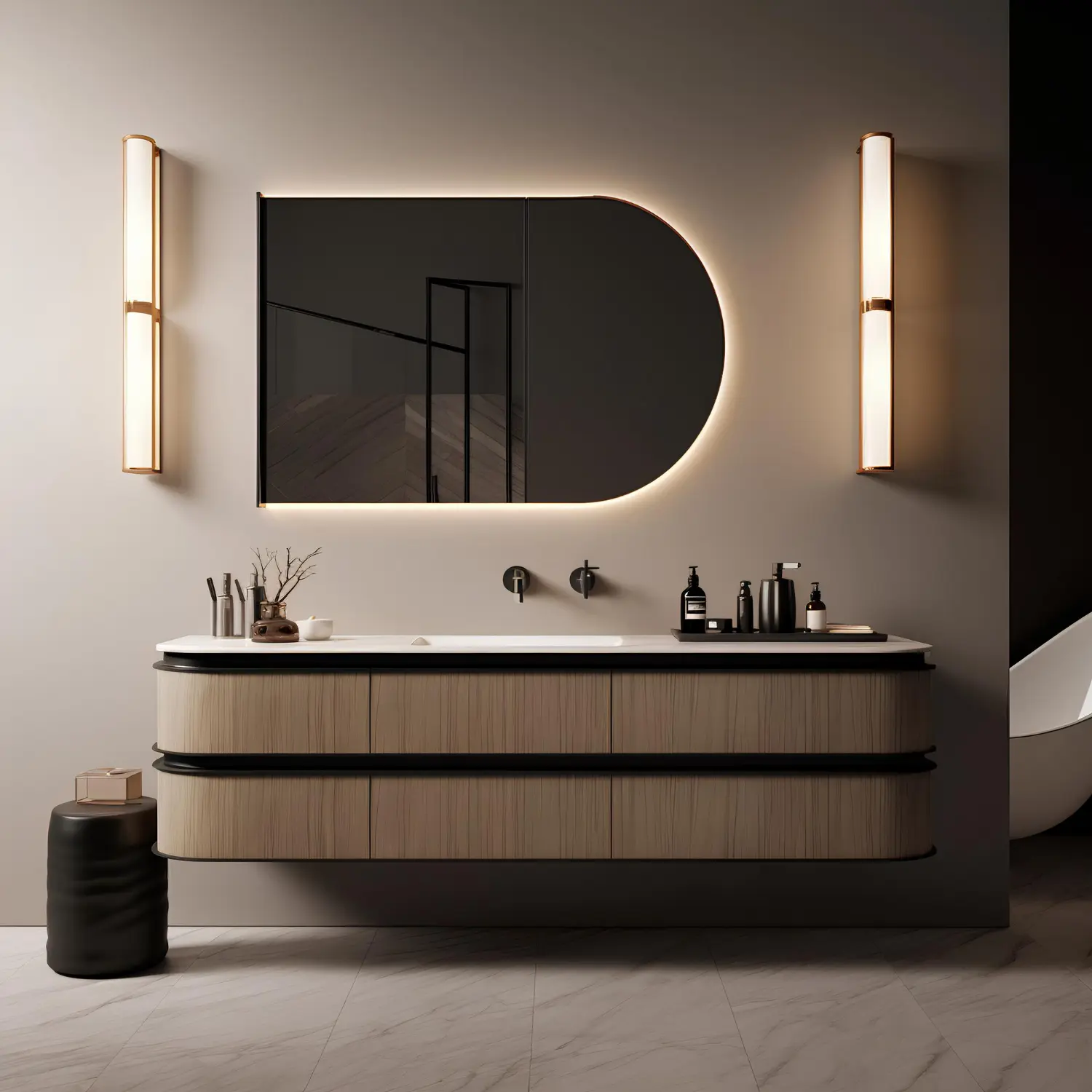 Minimalist bathroom counter with soap pump and one plant, most products stored out of sight