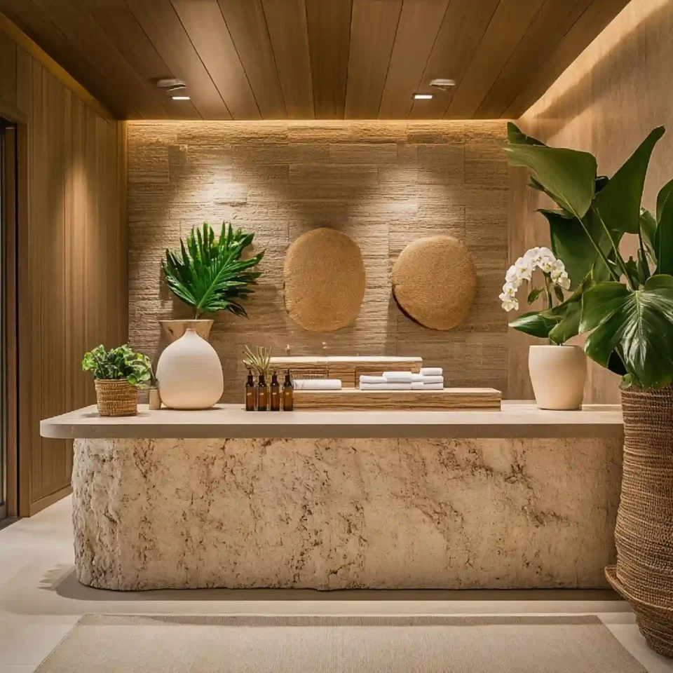 Warm honed quartzite vanity top with an undermount sink, wood vanity, and brushed brass faucet in a calm bathroom