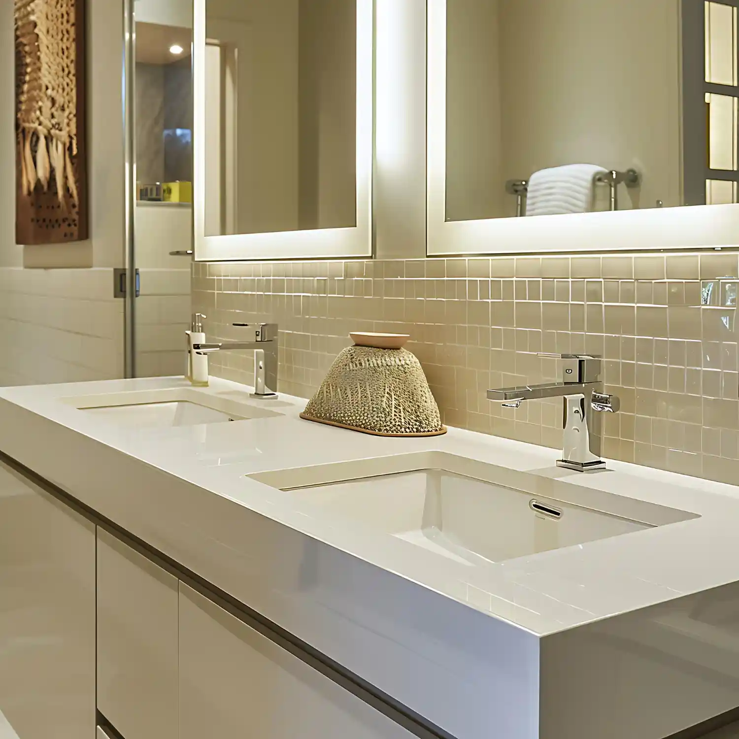 Row of bathroom countertop material samples including quartz, quartzite, marble, and warm stone