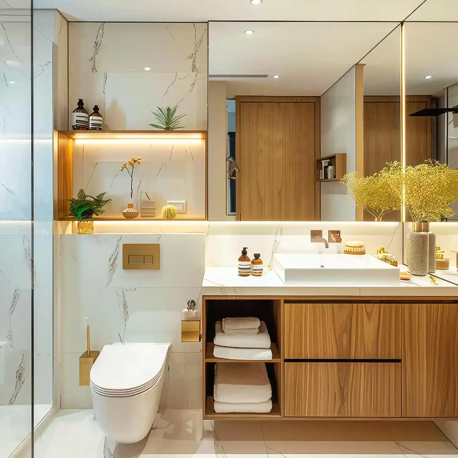 Styled bathroom countertop organization with tray, canisters, riser, and folded towels