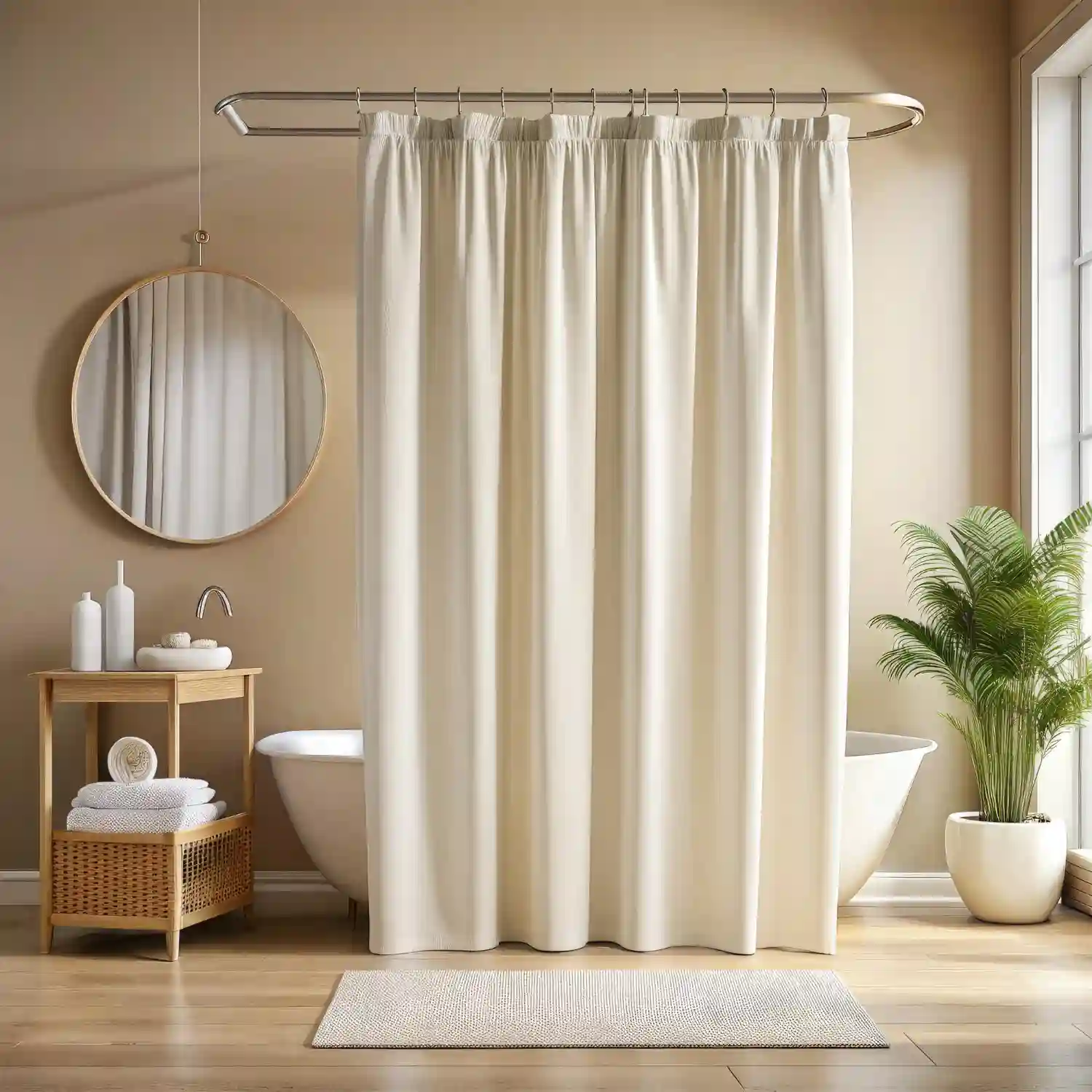 Styled bathroom with a soft fabric shower curtain and a dressed window sharing a warm neutral palette