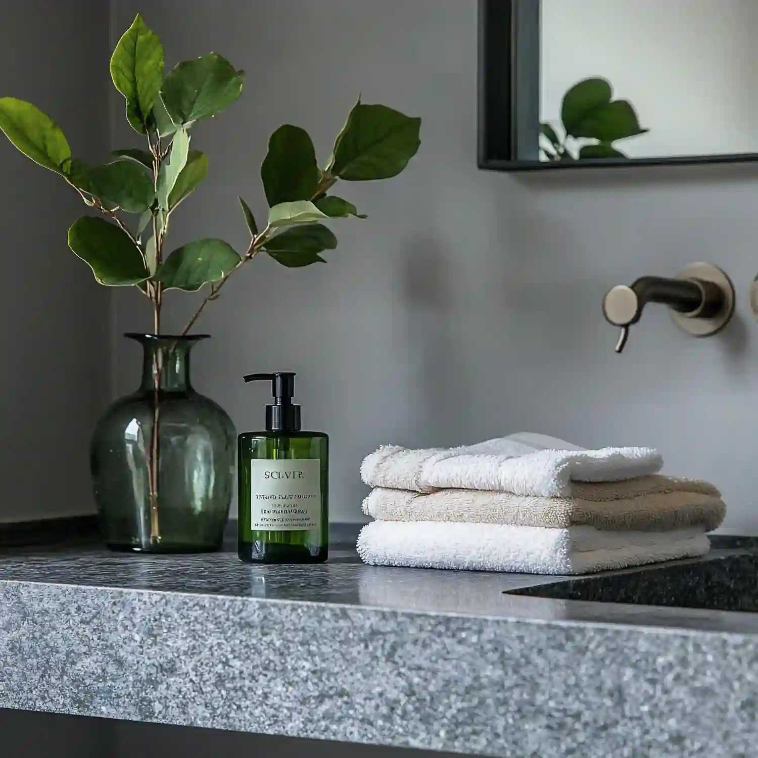 Collection of bathroom decor materials including folded towels, cabinet hardware, and a small plant