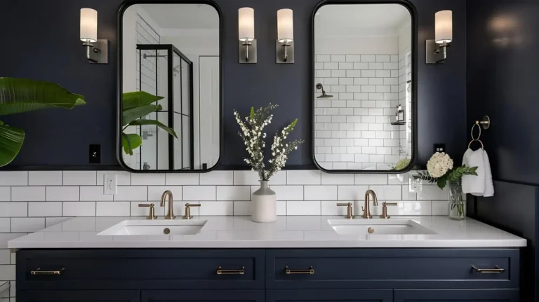 Freshly styled bathroom with warm greige walls, brushed brass fixtures, and layered cream textiles