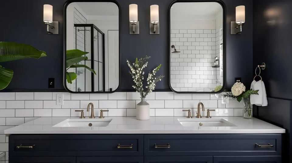 Freshly styled bathroom with warm greige walls, brushed brass fixtures, and layered cream textiles