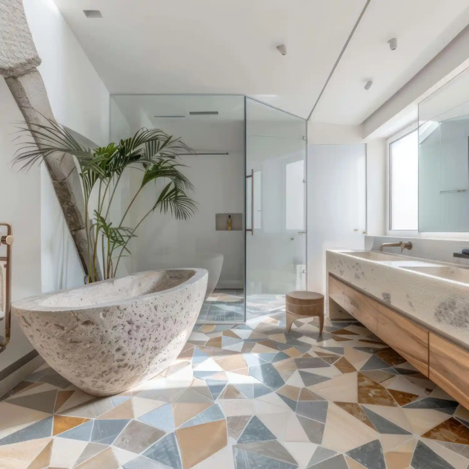 Warm patterned tile floor leading a bathroom design with plain white walls and a simple wood vanity