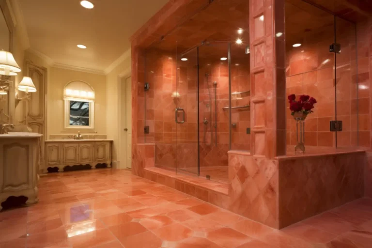 Warm terracotta-look bathroom floor tile with cream walls, brass fixtures, and a freestanding tub