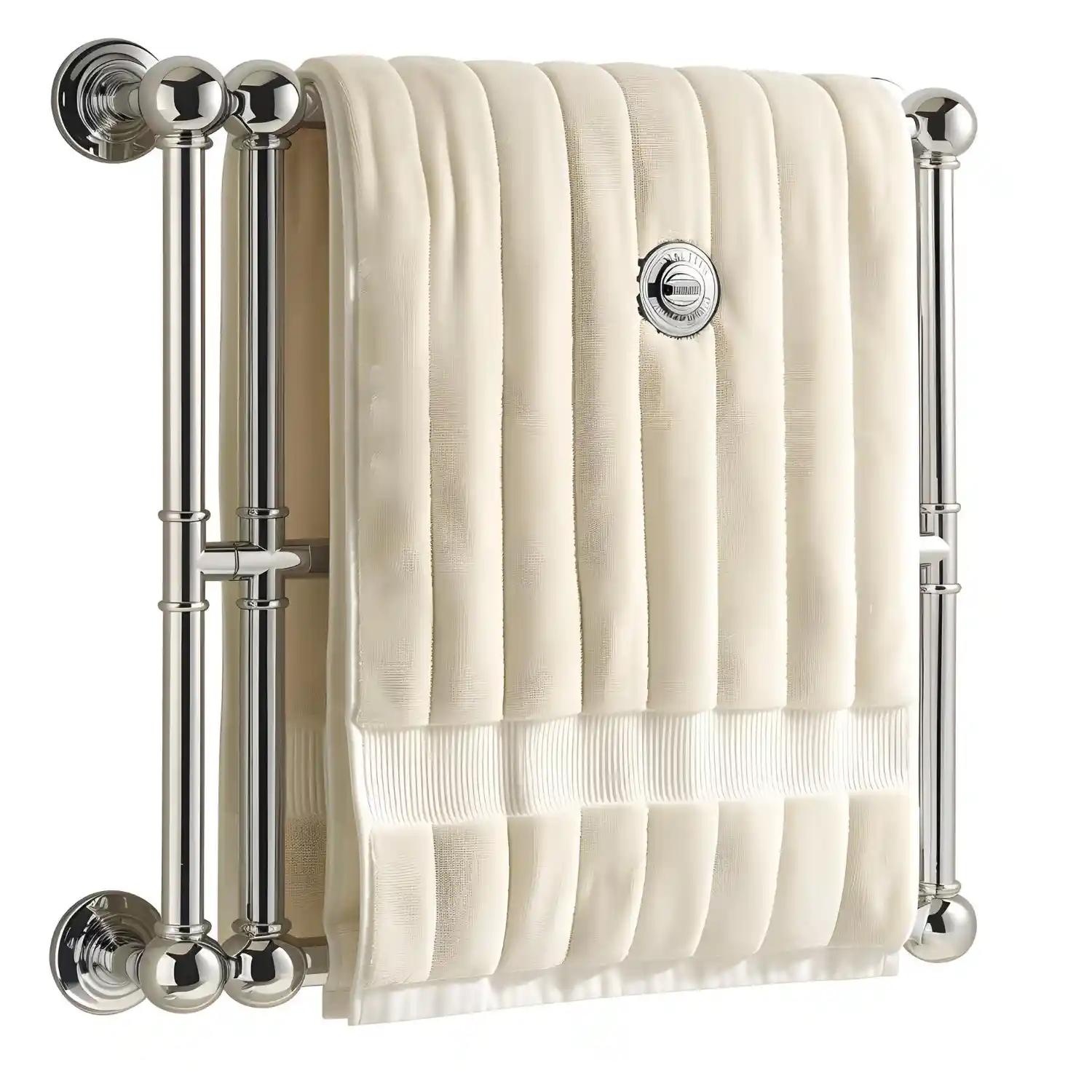 Flat lay of bathroom hardware pieces including a towel bar, ring, robe hook, and paper holder
