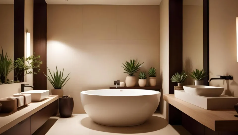 Warm neutral bathroom with wood vanity, framed mirror, brass fixtures, and soft layered lighting