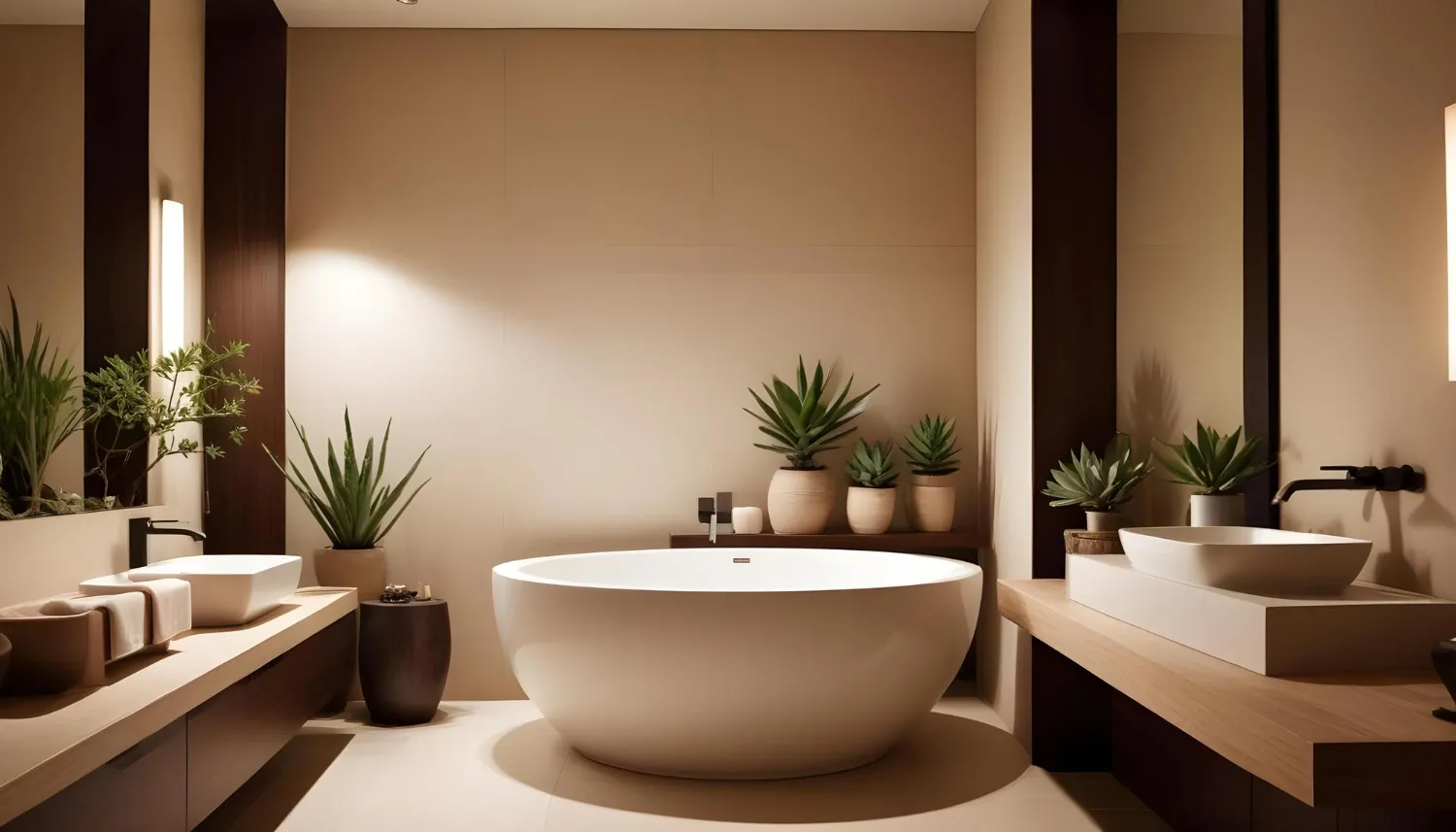 Warm neutral bathroom with wood vanity, framed mirror, brass fixtures, and soft layered lighting