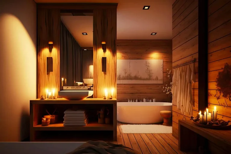 Warm layered bathroom with lit sconces beside the mirror, soft ceiling fill, and a low accent glow