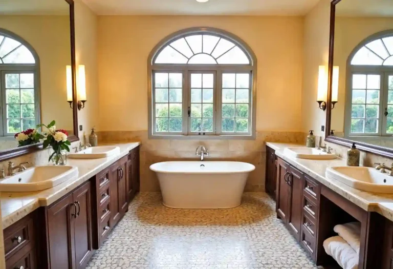 Black-framed arched mirror over a white vanity with brass faucet and warm sconce light in a modern bathroom
