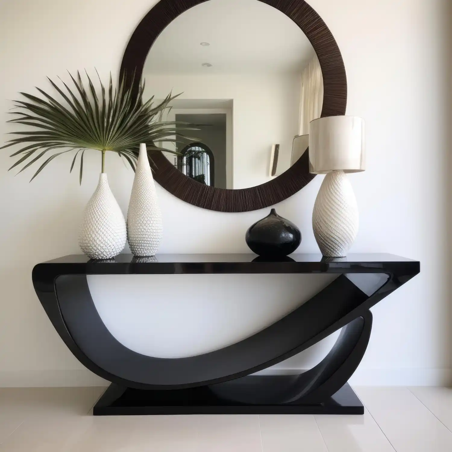 Flat lay of three bathroom mirror shapes, arched, round, and pill, in black and brass frames on tile
