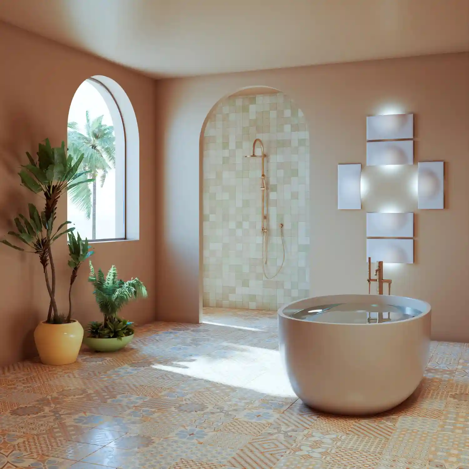 Same bathroom wall color shown in cool north light and warm afternoon light side by side