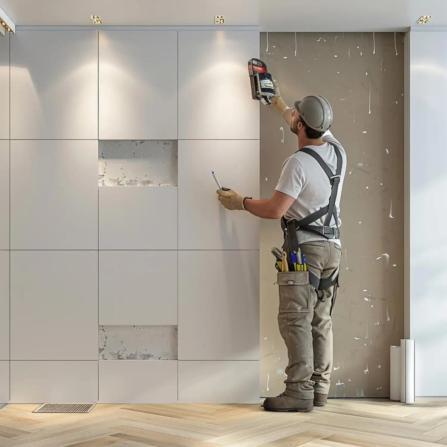 Paint tester swatches on a bathroom wall next to a tile sample and brass faucet