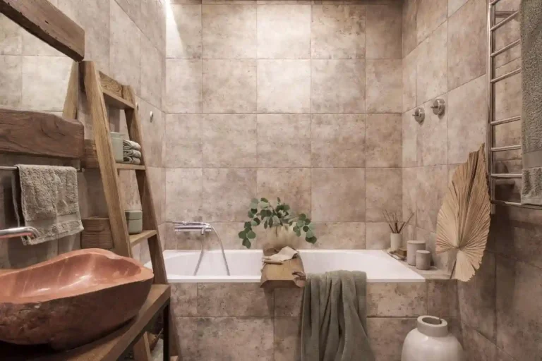 Warm greige bathroom wall with brass fixtures, white oak vanity, and soft natural light