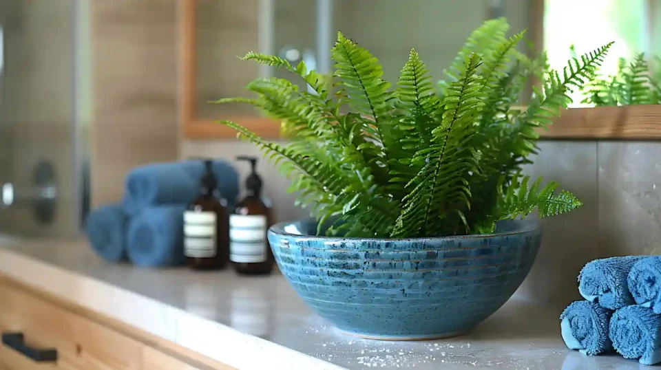 Bright bathroom with pothos, fern, and snake plant styled on a wood vanity and floating shelf