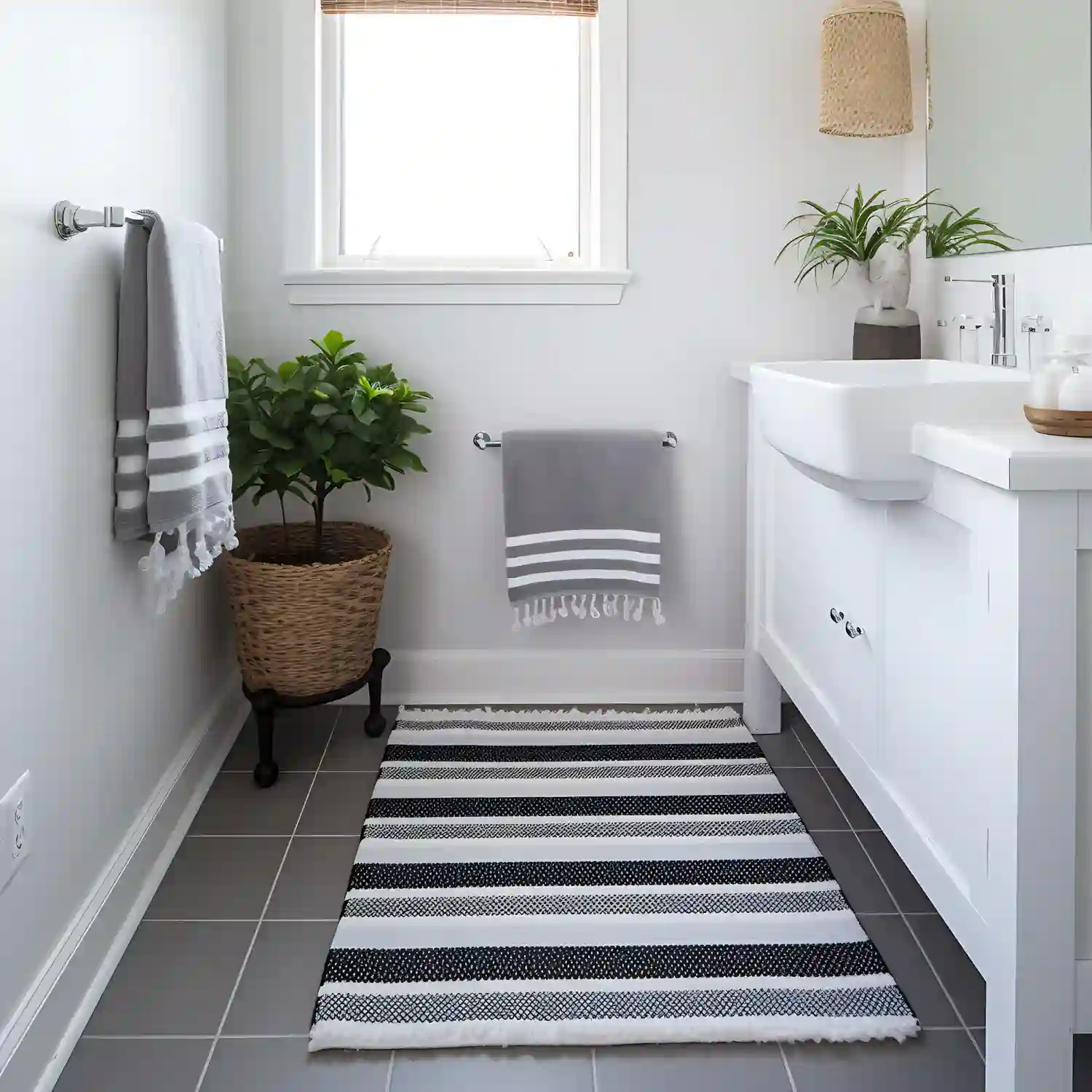 Thin flat-woven bathroom rug laid along a vanity with a non-slip pad edge visible