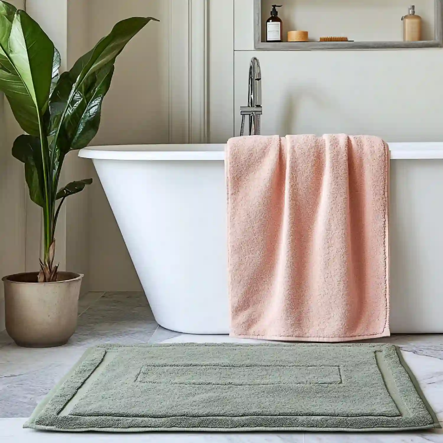 Close-up of a flat-woven cotton bathroom rug with a washed stripe pattern near a tub