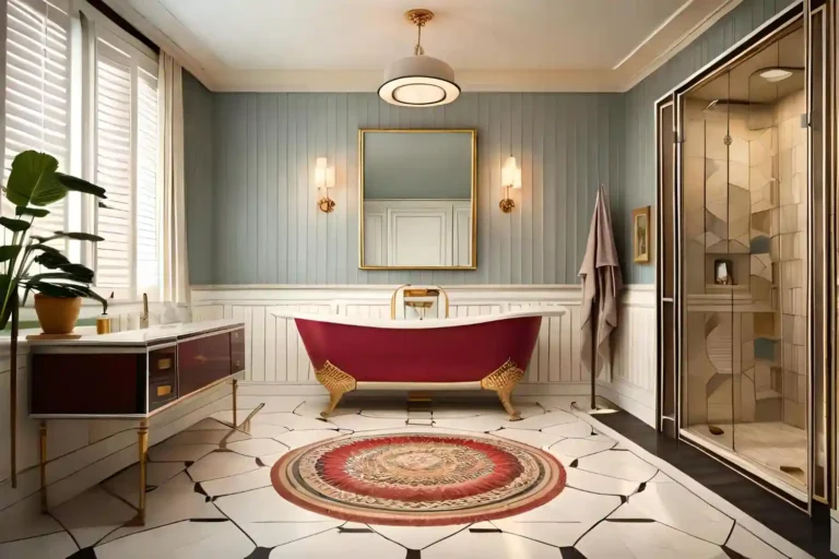 Modern bathroom with a flat-woven vintage-style cotton runner along the vanity, warm wood tones, and clear tile floor