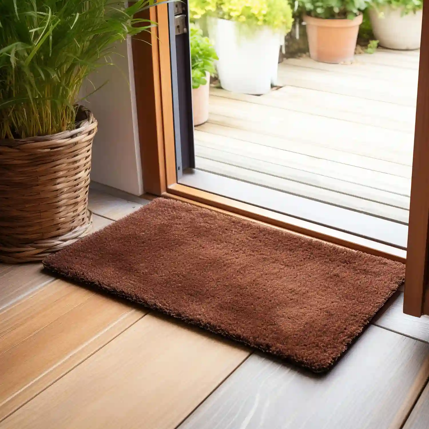 Dated fuzzy chenille three-piece bath mat set including a toilet contour mat on tile floor