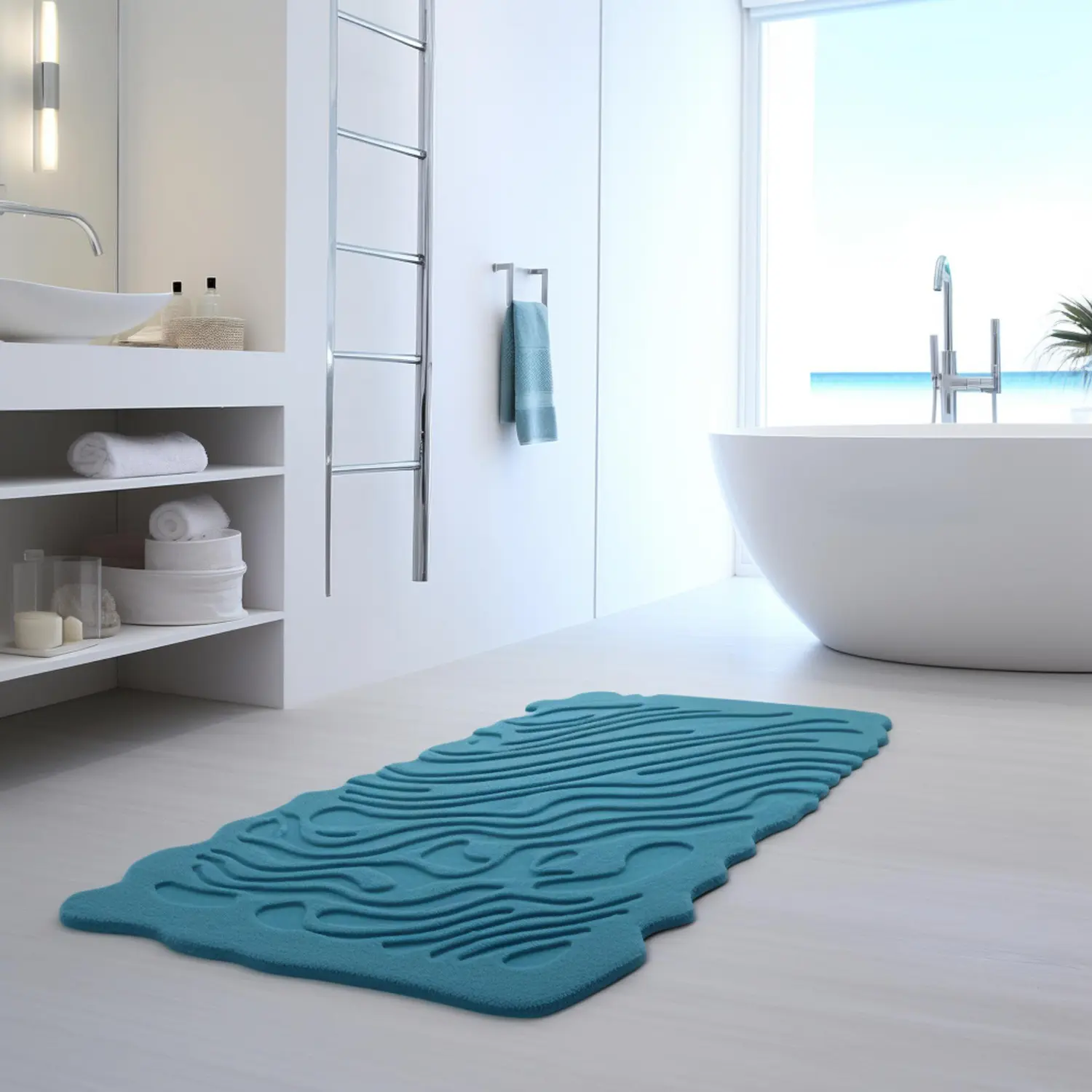 Flat-lay comparison of cotton, microfiber, and teak bathroom rug materials on tile