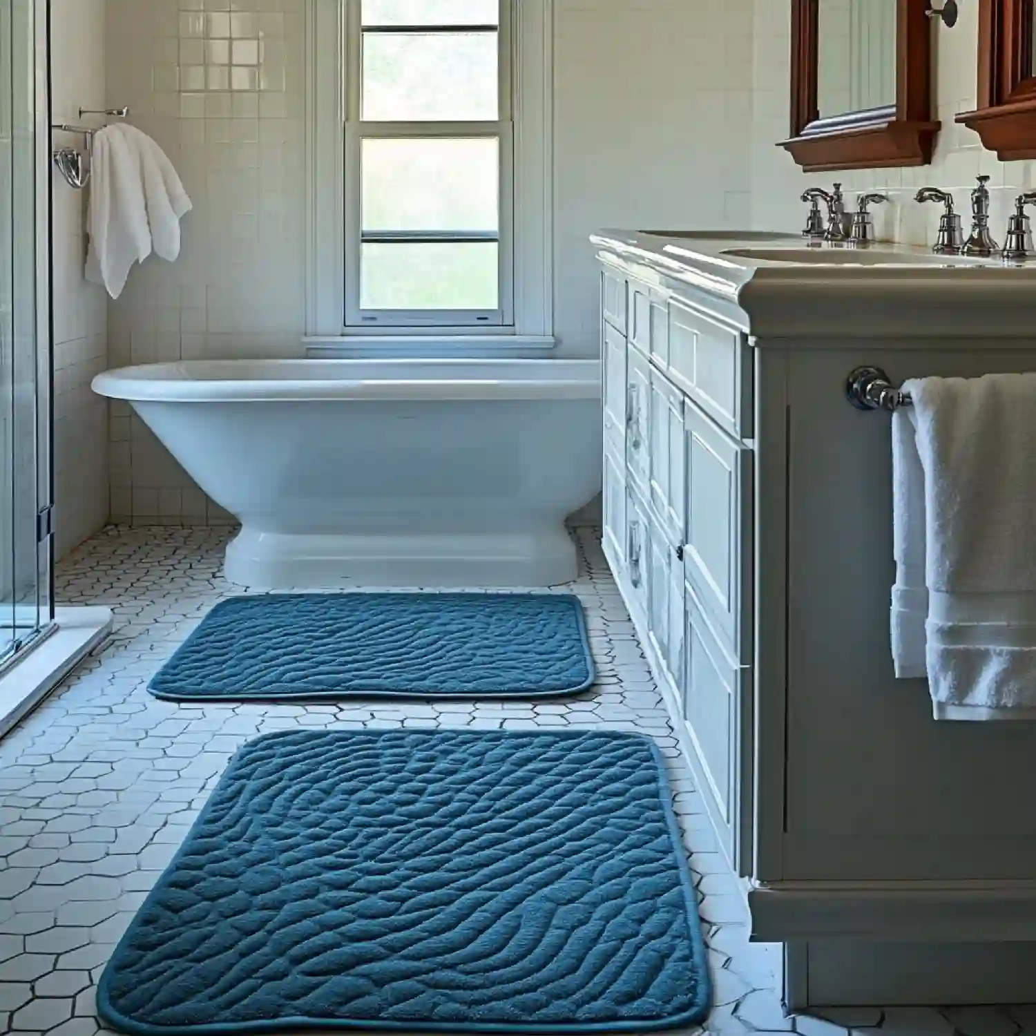 Faded Persian-style bathroom runner in rust and indigo on a warm tile floor