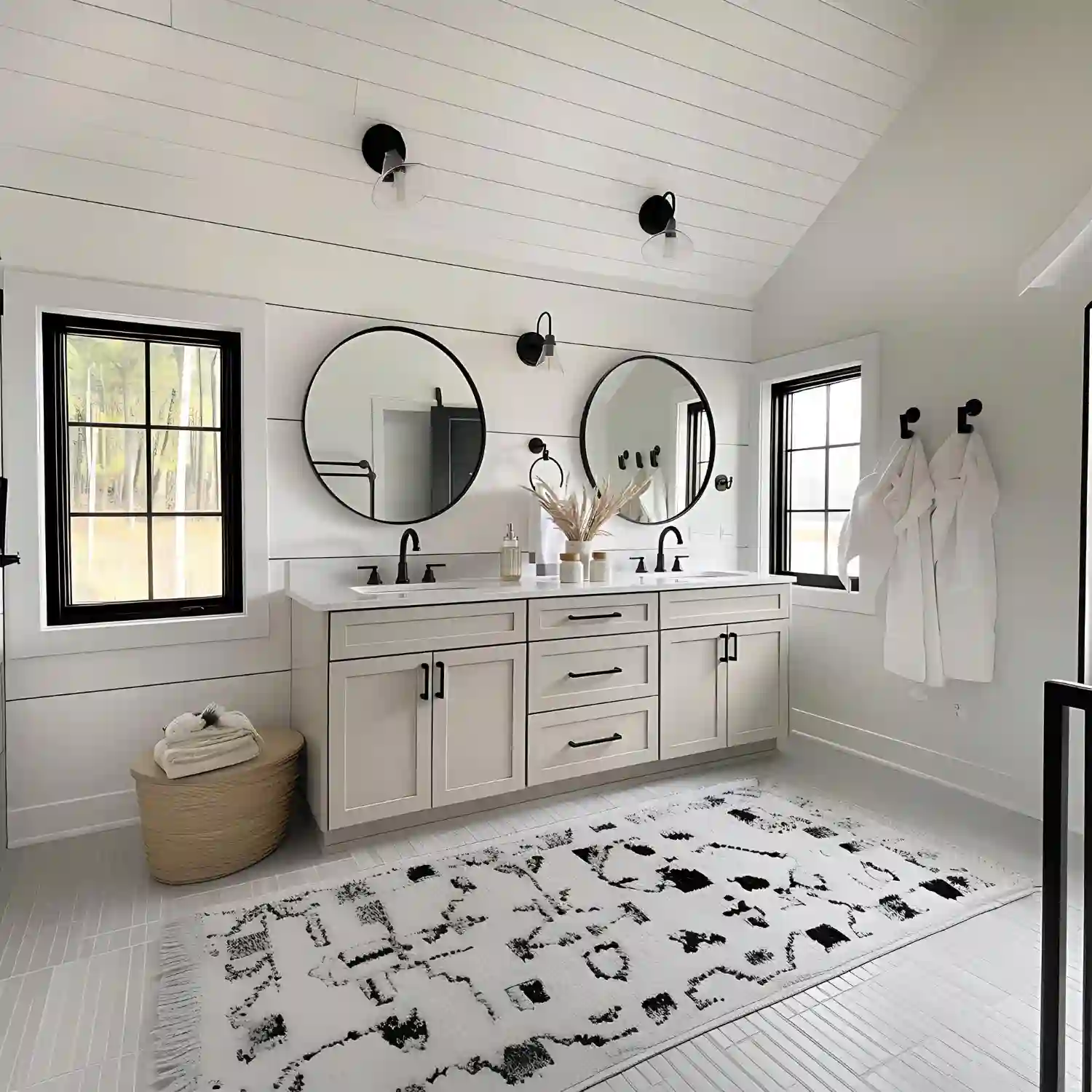 Washable cotton runner in soft clay tone along a bathroom vanity with wood cabinet