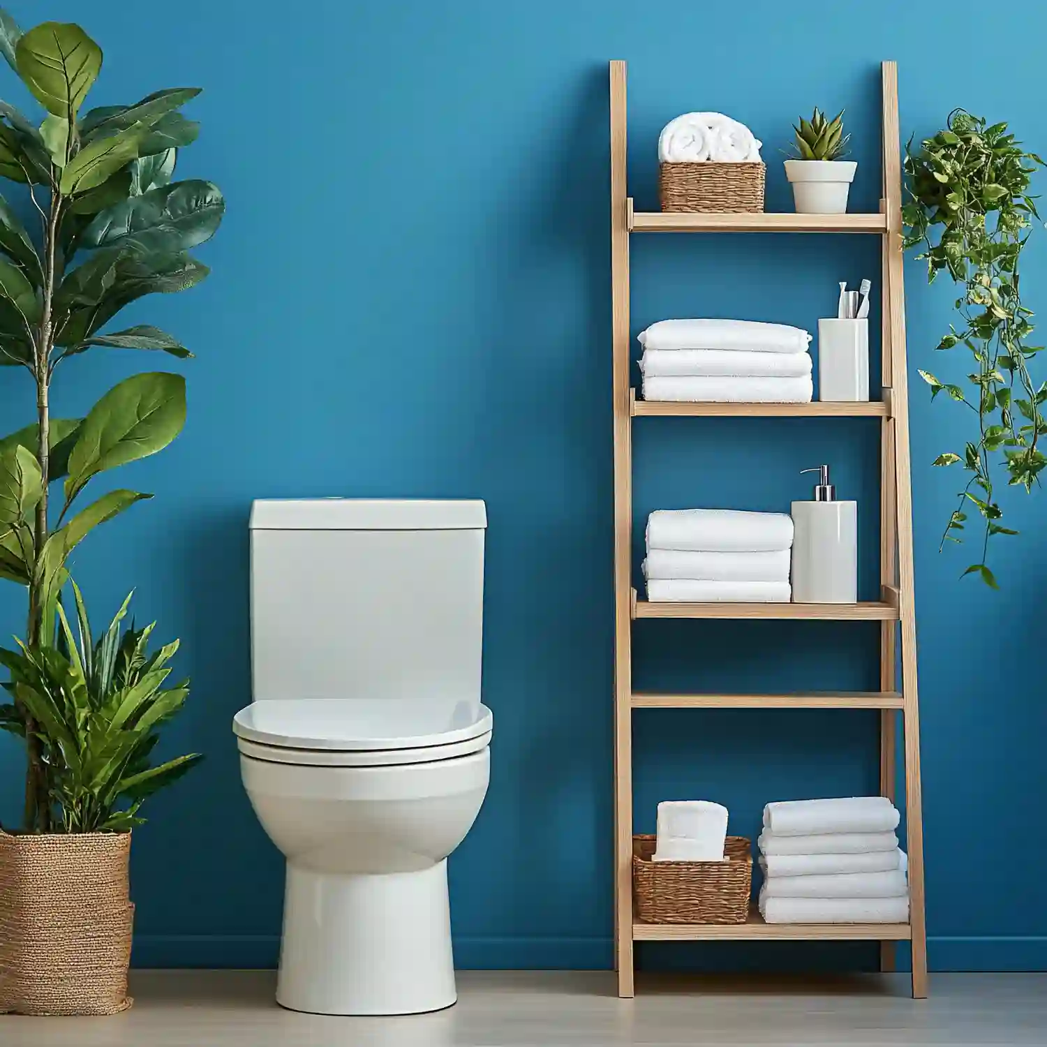 Small bathroom showing dead wall space above the toilet and an empty corner ready for shelving