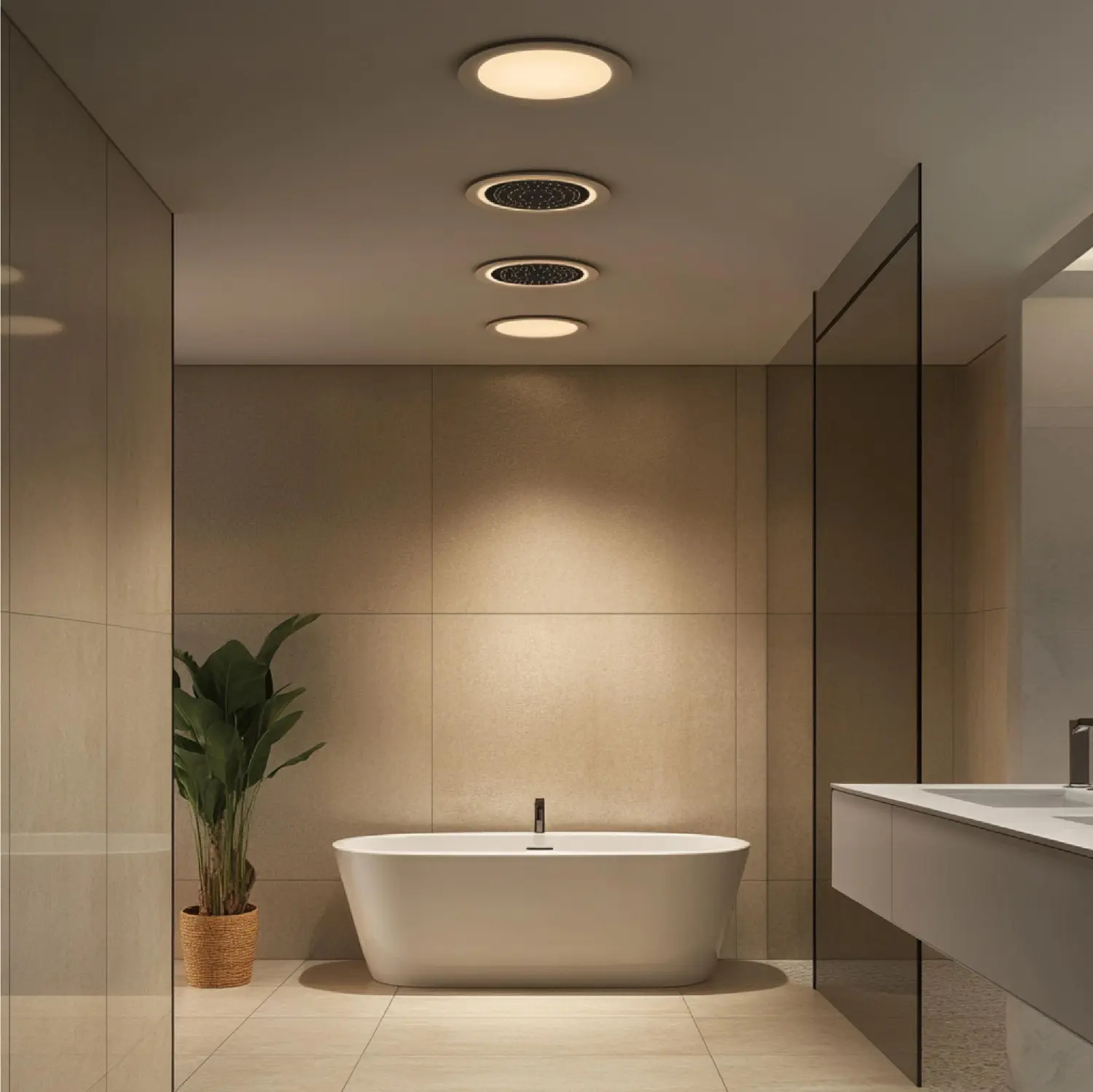 Plain bathroom lit by one bright ceiling fixture, casting flat light and shadows at the mirror