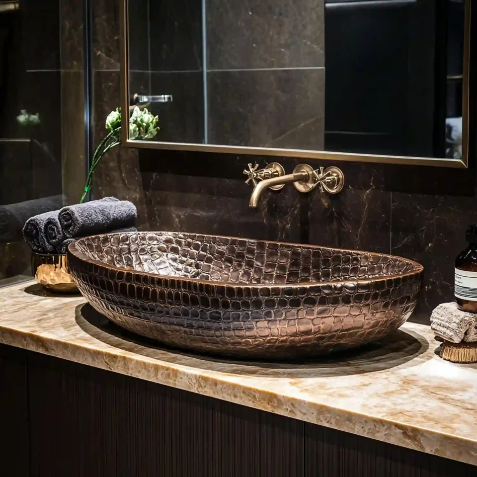 Modern bathroom vanity with an undermount white basin, quartz top, and matte black faucet in warm neutral tones