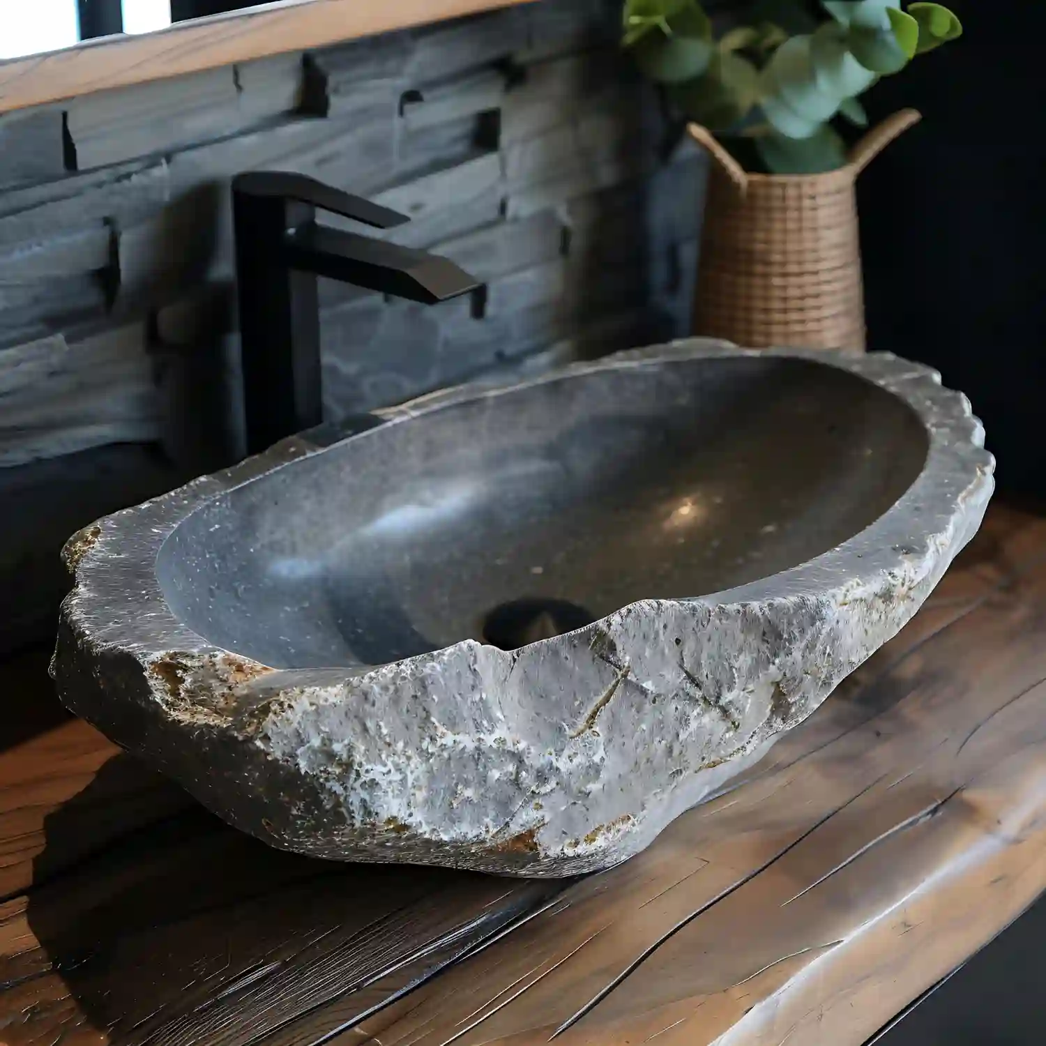 Sculptural fireclay basin and warm stone vanity showing the 2026 statement sink trend over glossy glass