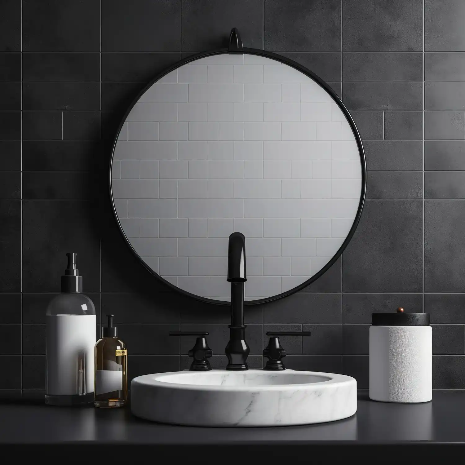 Round black-framed mirror over a wood vanity with a warm sconce and a small framed print beside it
