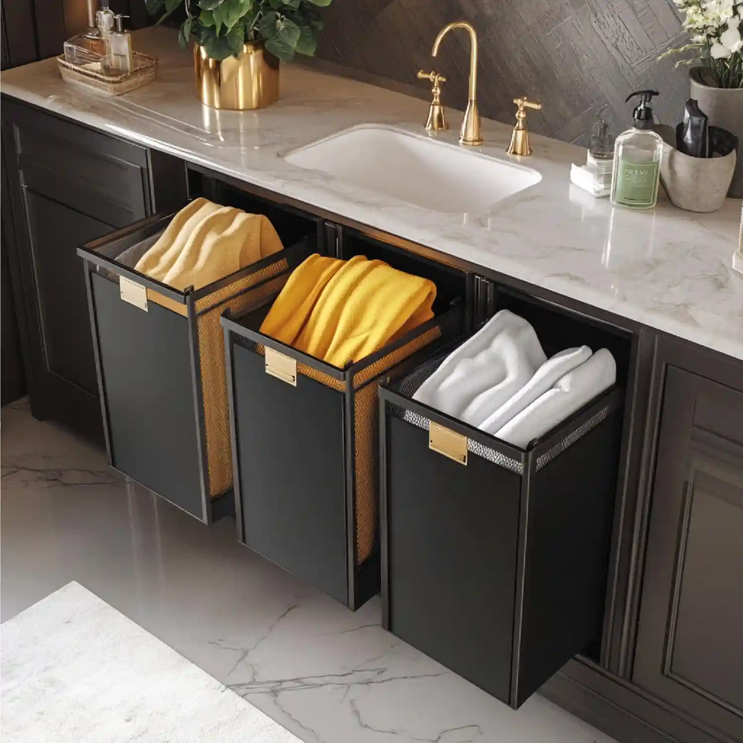 Flat lay of bathroom storage planning tools with a tape measure, bins, and hooks