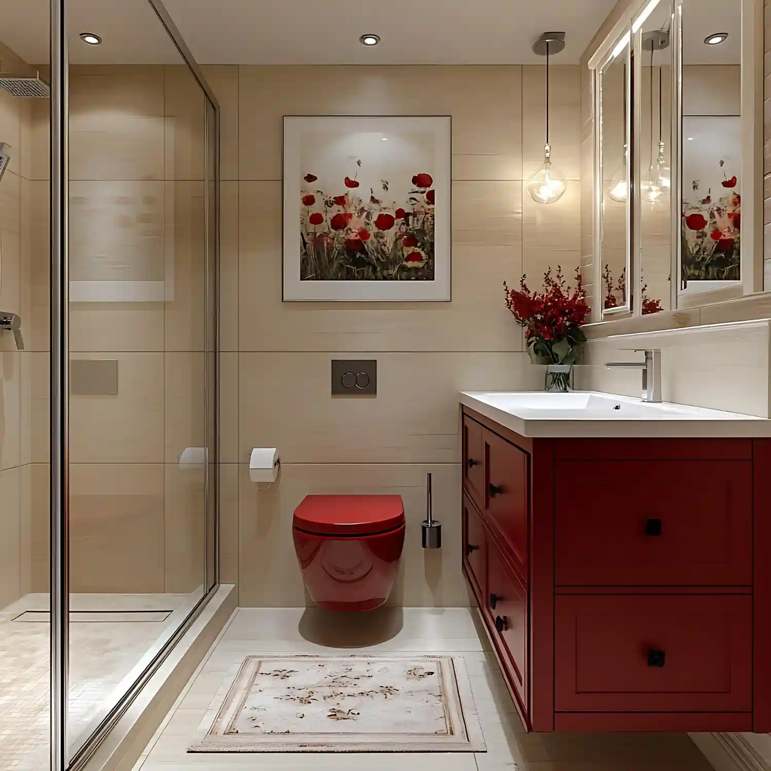 Wall ladder and row of hooks holding rolled and hanging towels in a small bathroom
