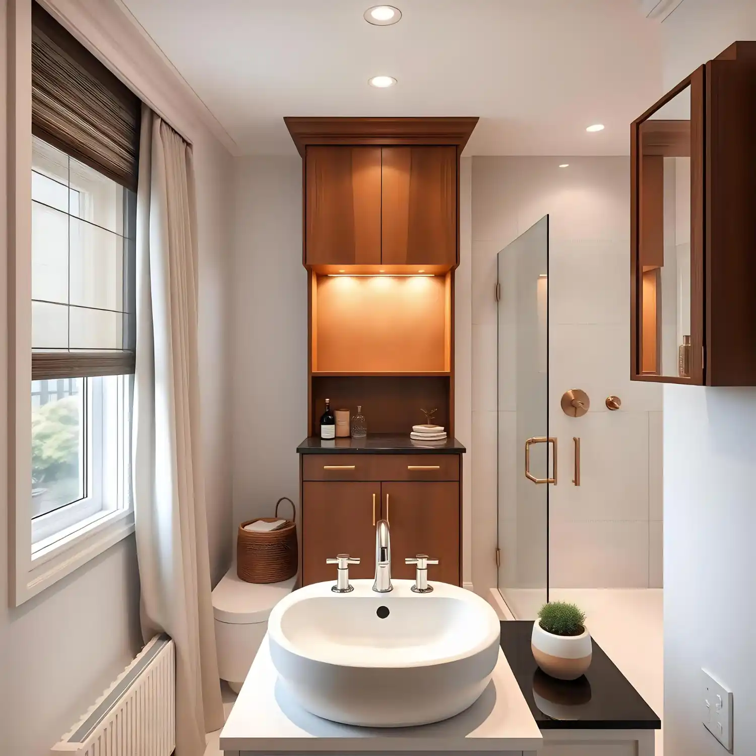 Under-sink bathroom organizers with pull-out trays and stacking bins fitted around the pipe