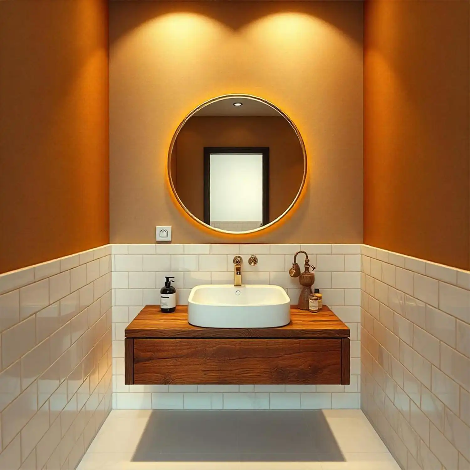 Two vertical sconces at eye level on each side of a bathroom mirror giving shadow-free task light