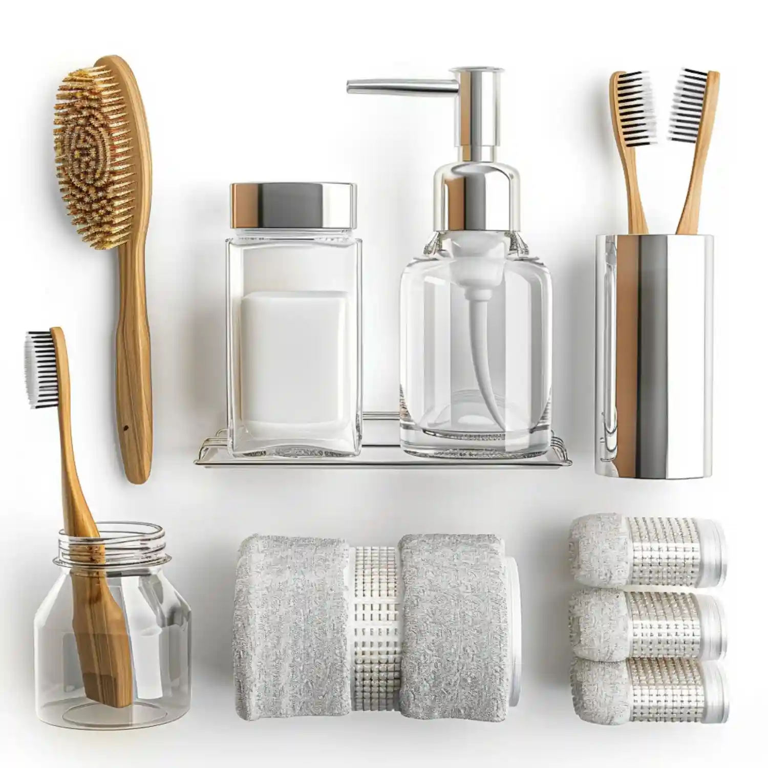 Brushed brass bathroom towel bar mounted beside a vanity with a spread bath towel drying