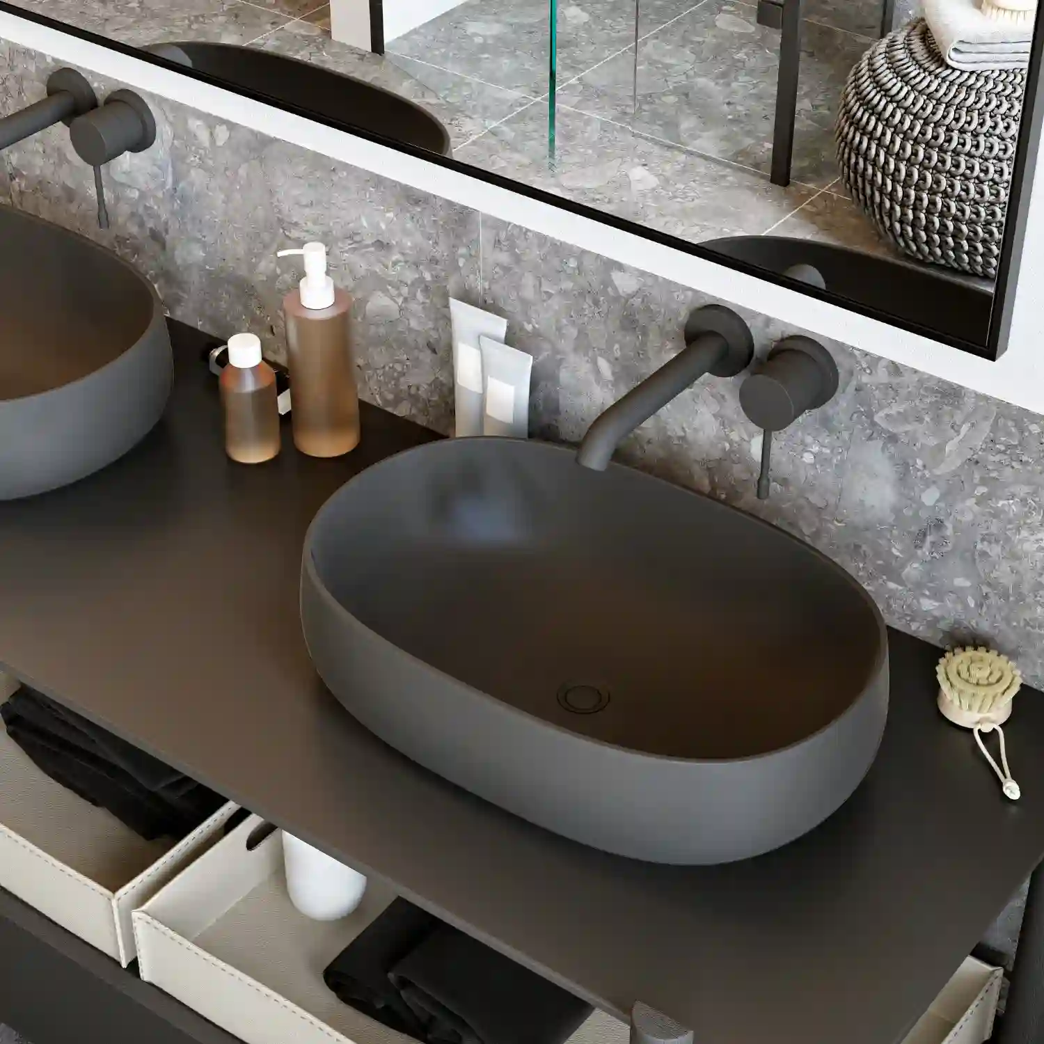 Flat lay of bathroom vanity planning tools with tile samples, faucet, tape measure, and hardware swatches