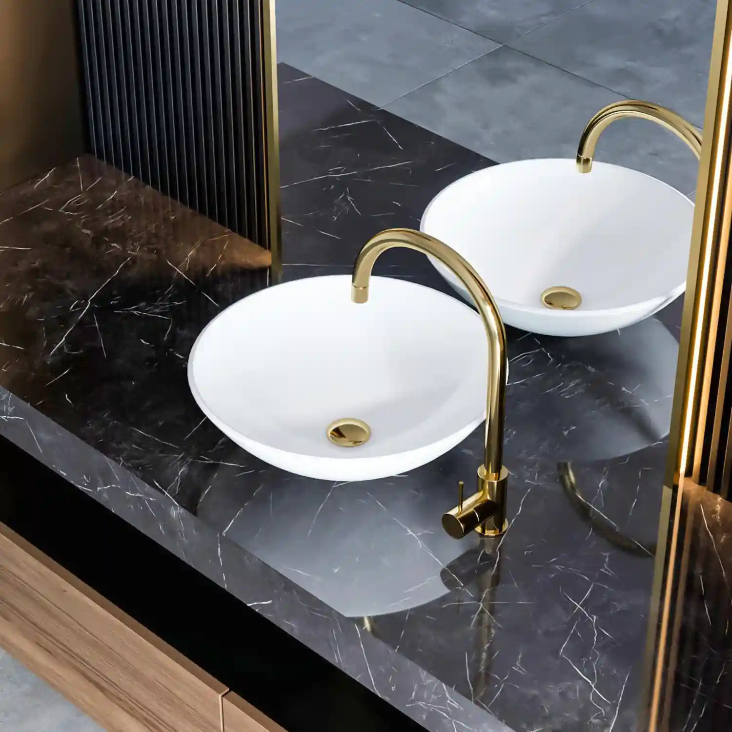 Matte black widespread faucet and brass drawer pulls on a white marble bathroom vanity
