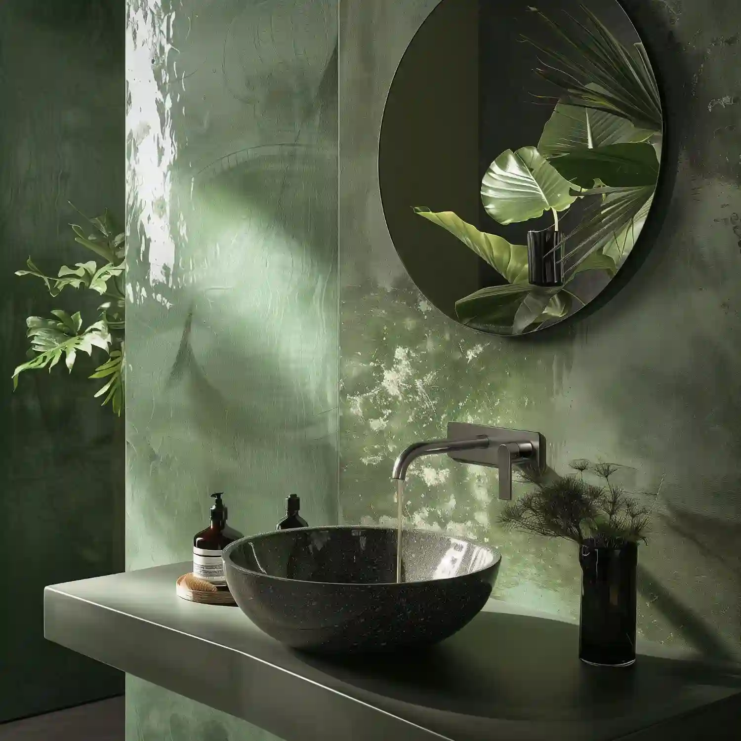Round bathroom mirror sized to a white vanity with a styled tray and small plant