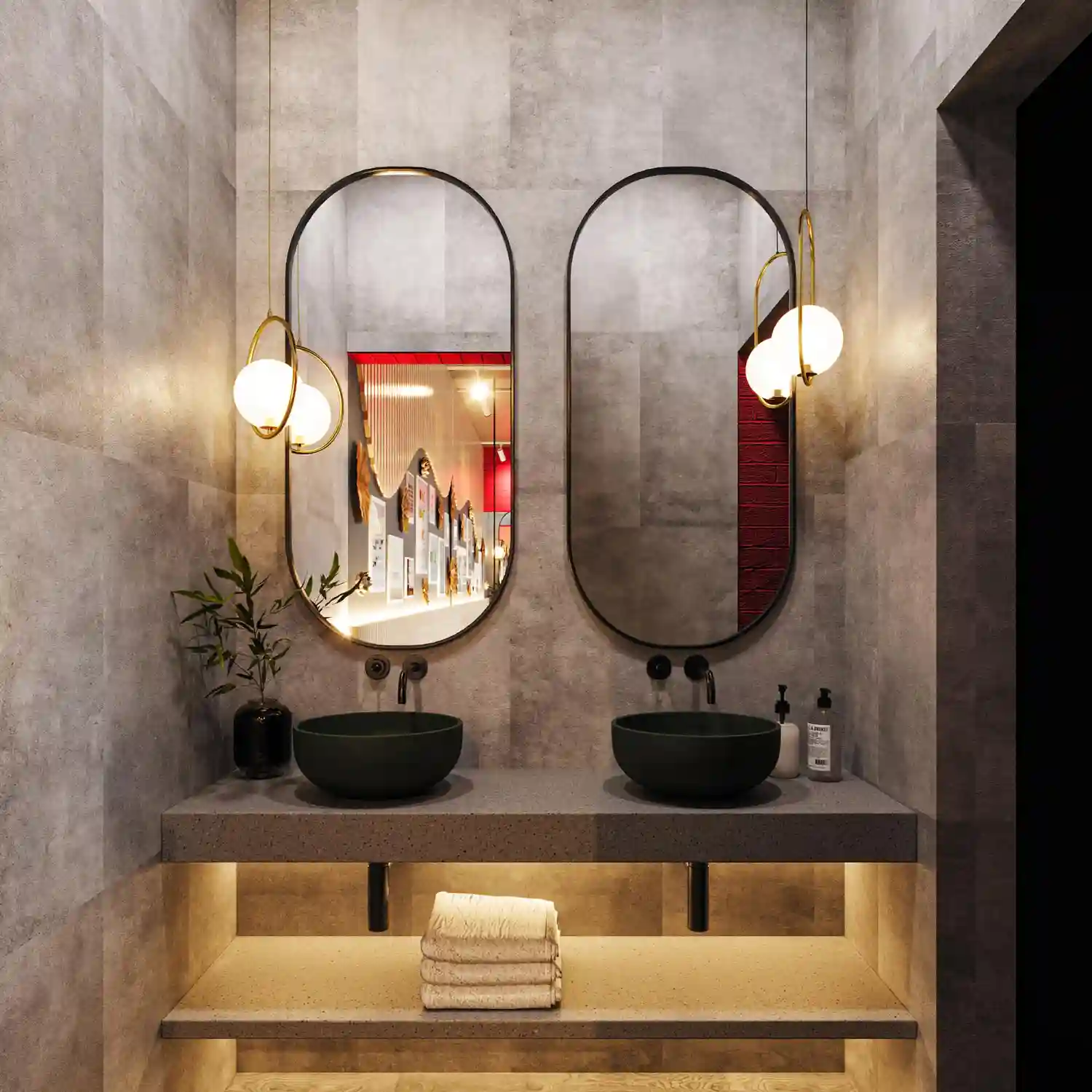 Rectangular and arched vanity mirrors sized narrower than the counter above a double sink vanity