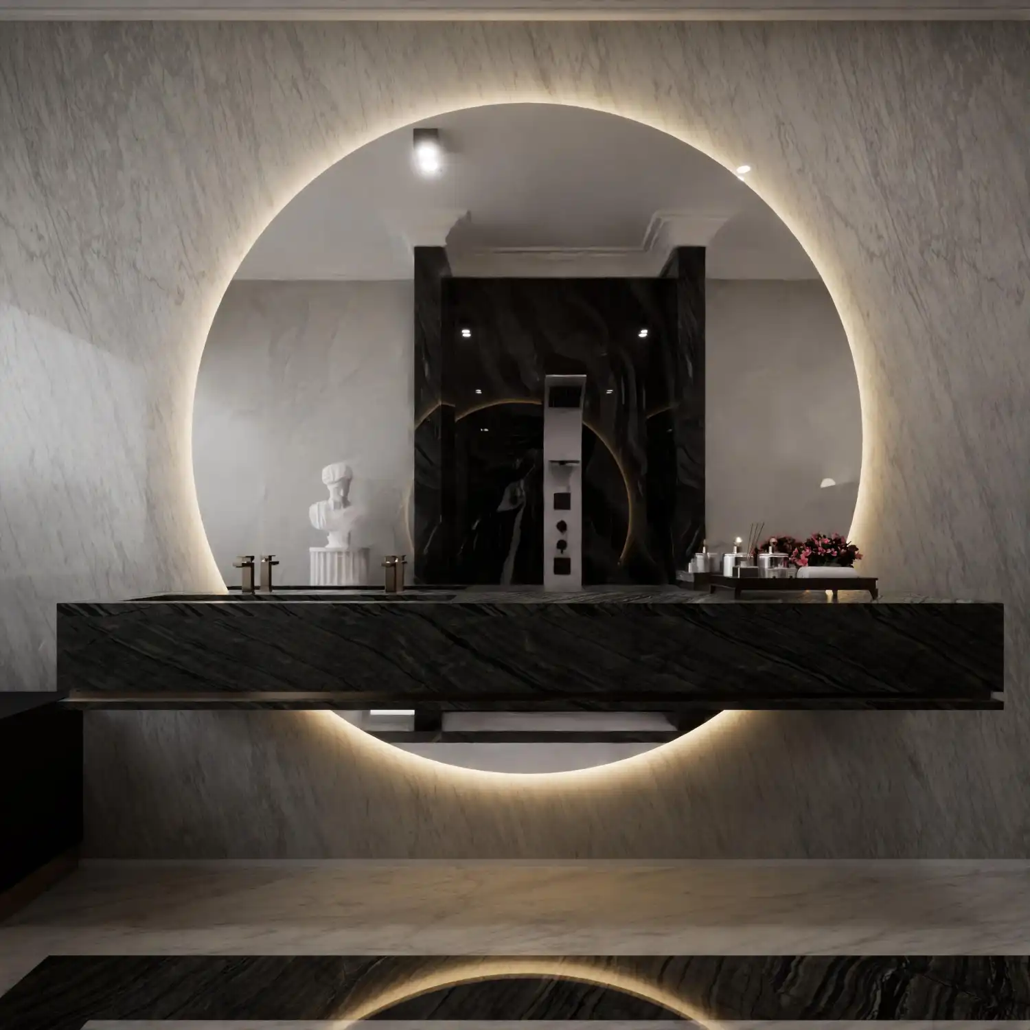 Warm vanity sconces flanking a mirror at eye level over a bathroom vanity for shadow-free light
