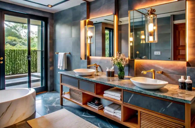 Modern bathroom vanity with a quartz top, arched mirror, warm brass sconces, and matte black faucet