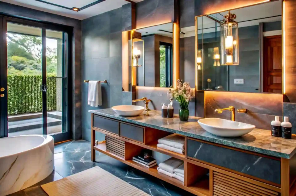 Modern bathroom vanity with a quartz top, arched mirror, warm brass sconces, and matte black faucet