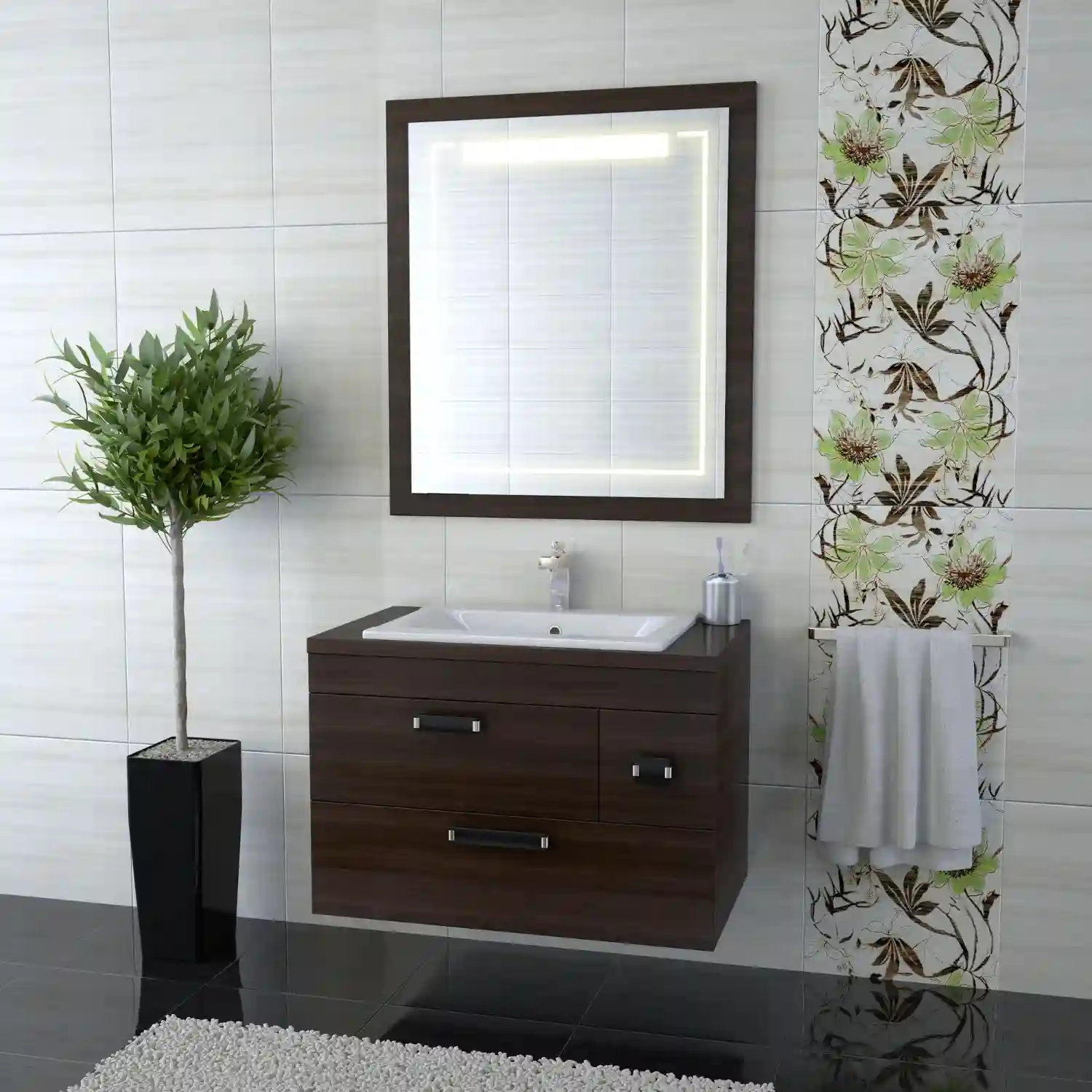 Neatly organized bathroom wall with subway tile, brass hardware, and a framed print above the vanity