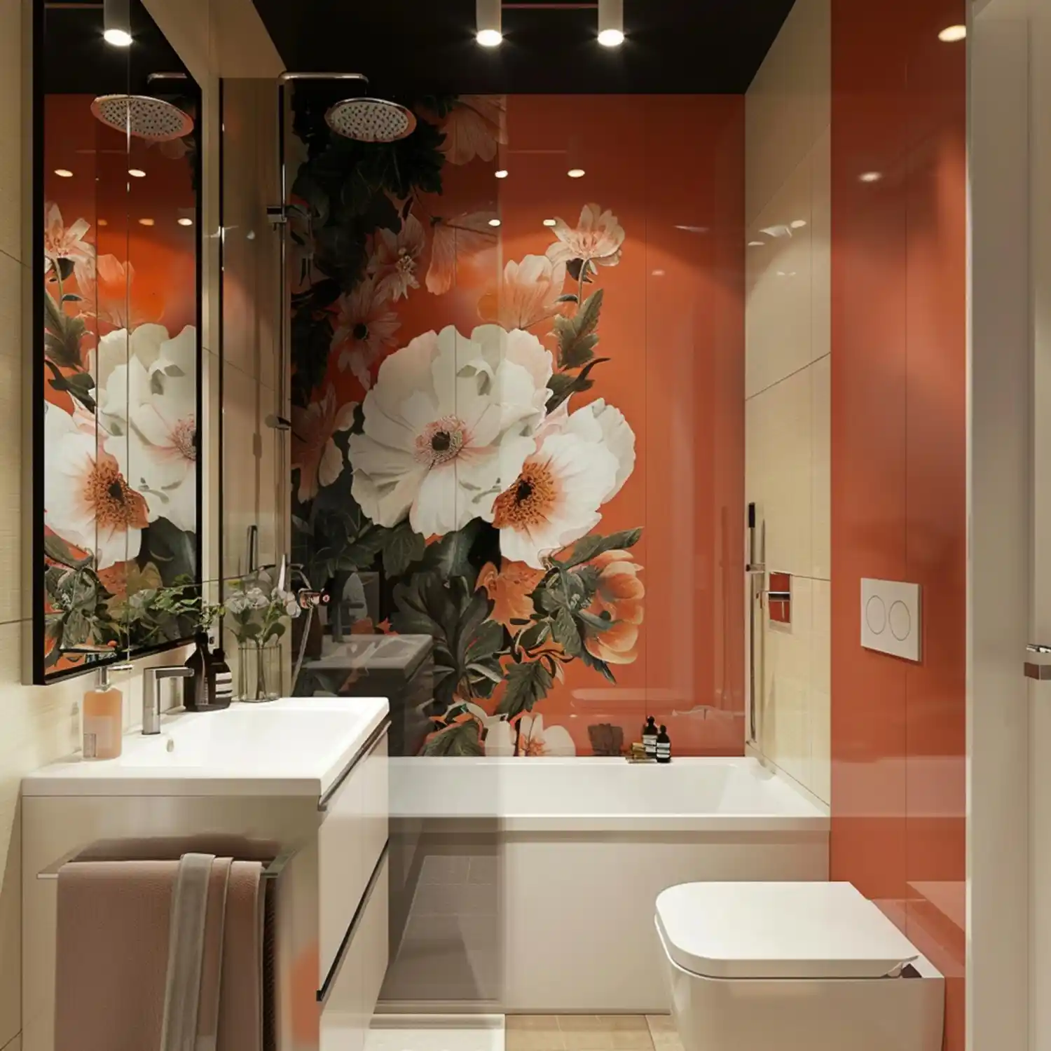 Several bathroom wall styling options shown together — framed art, a mirror, an open wood shelf, and greenery