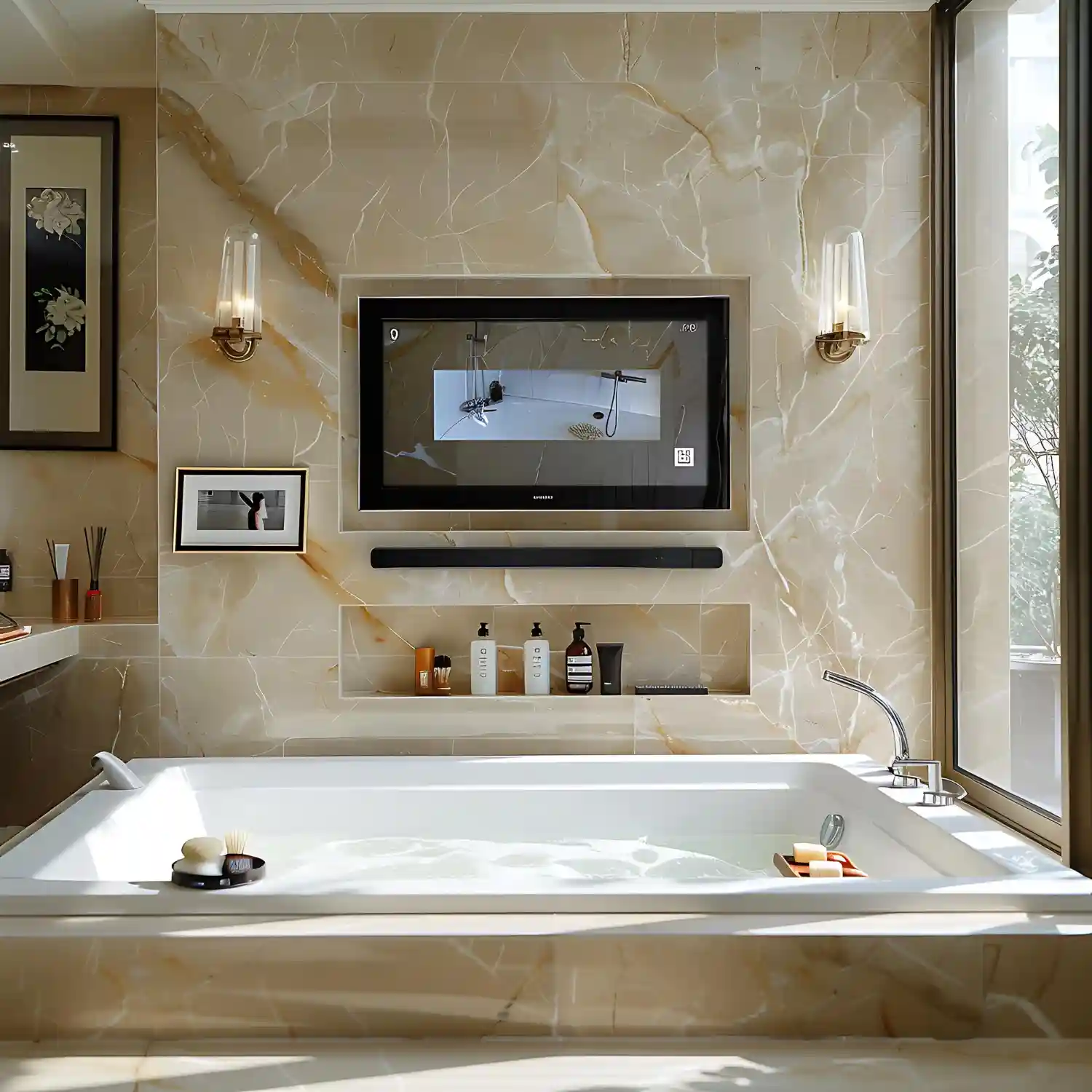Bathroom wall tile ideas with white subway tile, green zellige, and marble-look porcelain samples in a bright room